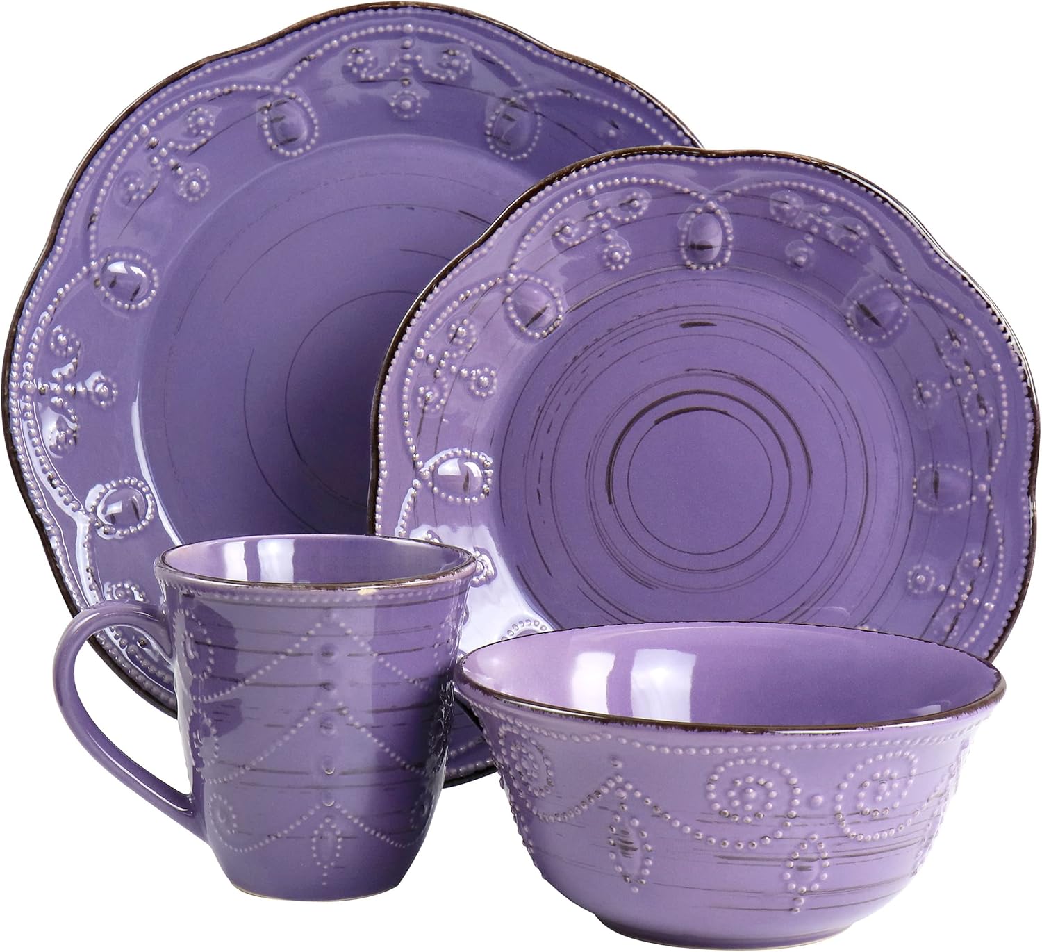 Elama Rustic Birch 16 Piece Stoneware Dinnerware Set in Purple, Purple with Brown Accents, (EL-RUSTICBIRCH)1