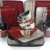 Elama Square Stoneware Loft Collection Dinnerware Dish Set, 16 Piece, Red and Tan with White Accents
