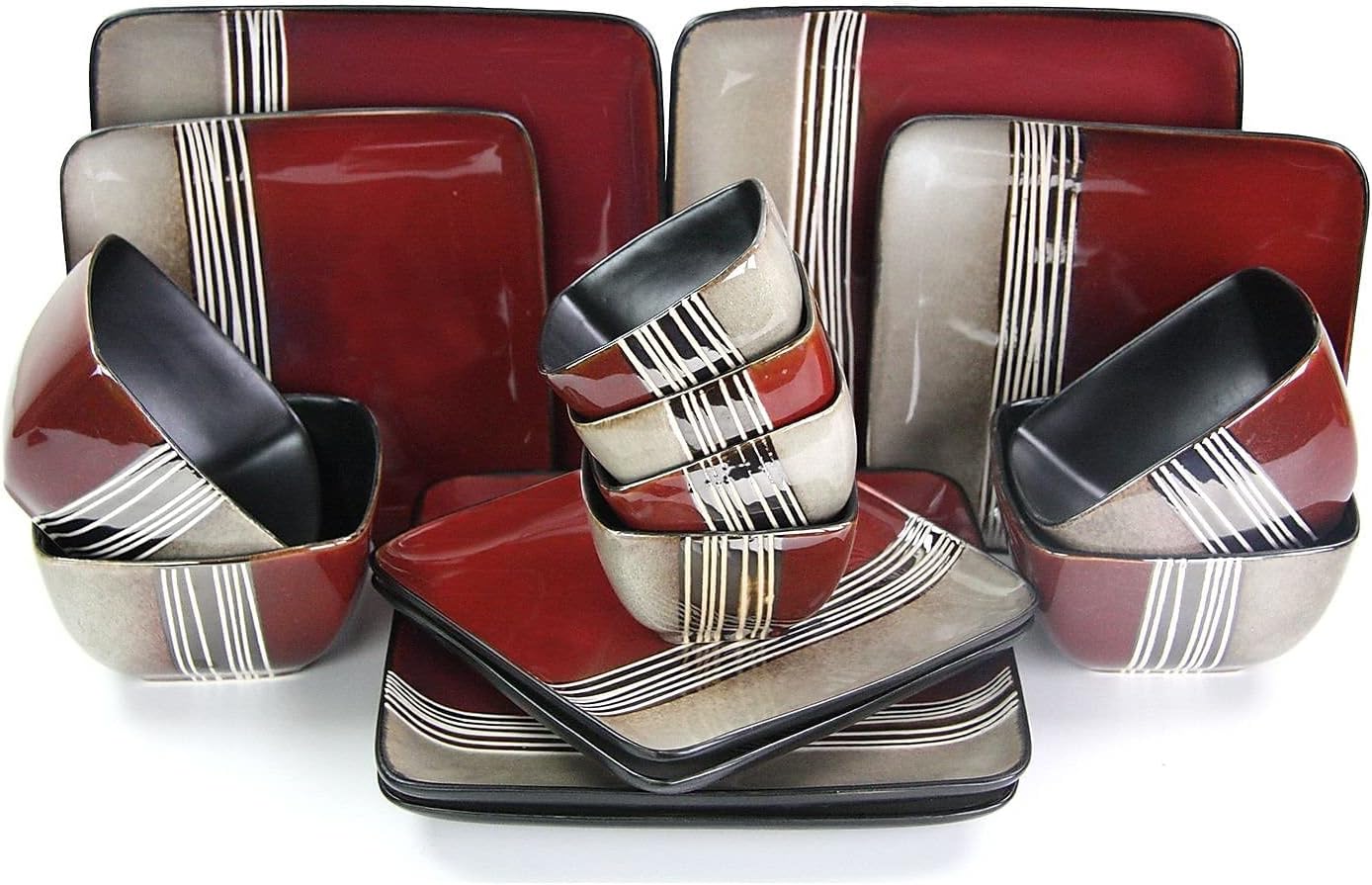 Elama Square Stoneware Loft Collection Dinnerware Dish Set, 16 Piece, Red and Tan with White Accents Elama Square Stoneware Loft Collection Dinnerware Dish Set, 16 Piece, Red and Tan with White Accents