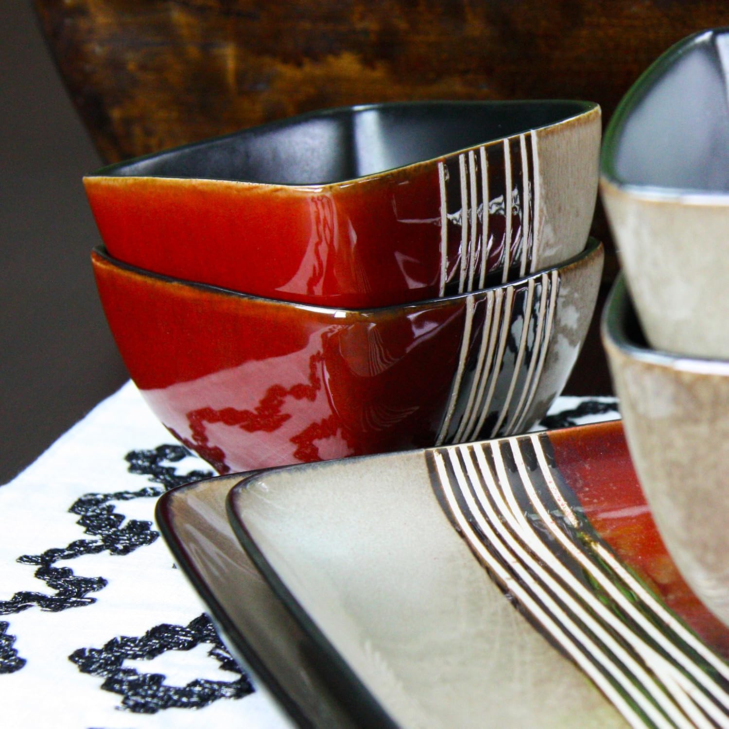 Elama Square Stoneware Loft Collection Dinnerware Dish Set, 16 Piece, Red and Tan with White Accents1