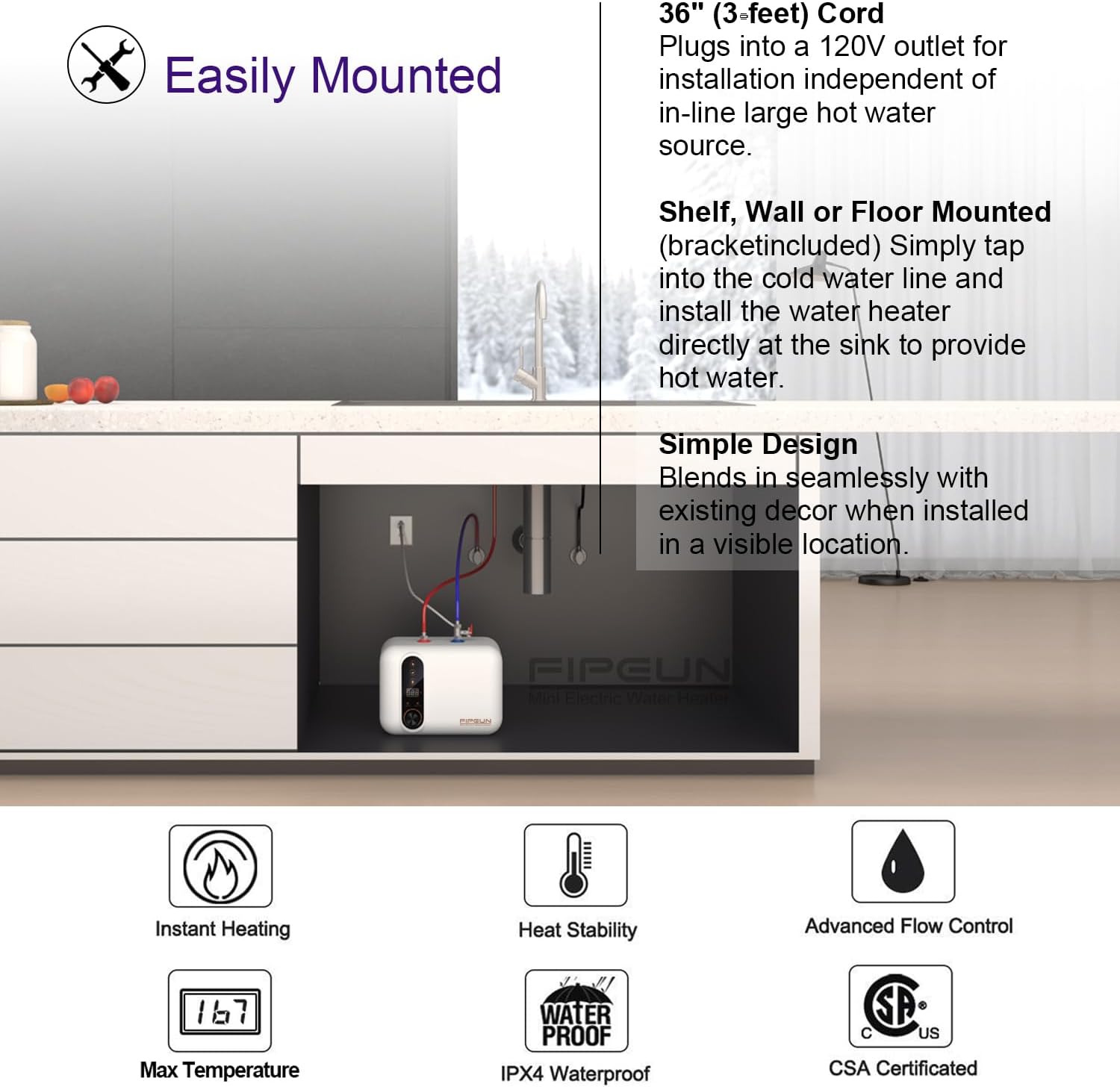 Electric Hot Water Heater 110 120V Small Compact Tank,Rv Tr 2.5-3.0 Gallon Trailer 1440-1500W Kitchen Instant Under Sink Counter Cupboard, Food Truck 2 PCs 16 Long 1 2 FIP Stainless Steel Hose 11L2