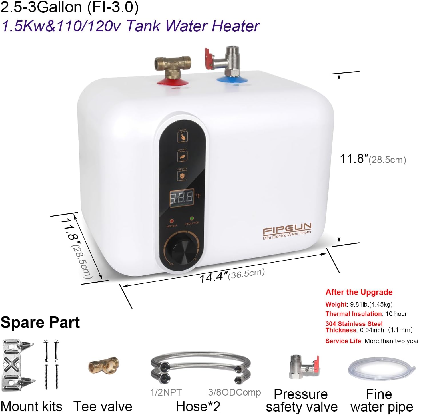 Electric Hot Water Heater 110 120V Small Compact Tank,Rv Tr 2.5-3.0 Gallon Trailer 1440-1500W Kitchen Instant Under Sink Counter Cupboard, Food Truck 2 PCs 16 Long 1 2 FIP Stainless Steel Hose 11L4