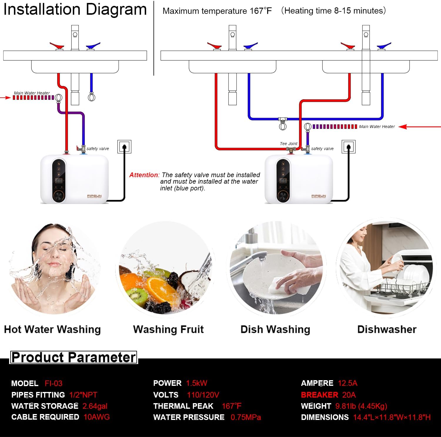 Electric Hot Water Heater 110 120V Small Compact Tank,Rv Tr 2.5-3.0 Gallon Trailer 1440-1500W Kitchen Instant Under Sink Counter Cupboard, Food Truck 2 PCs 16 Long 1 2 FIP Stainless Steel Hose 11L9