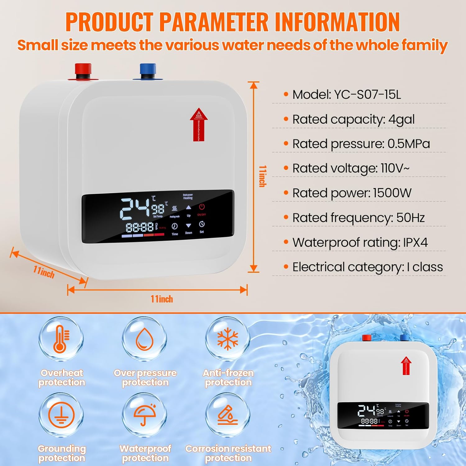 Electric Mini Tank Water Heater,4 Gallon Instant Hot Water Heater,1500W 110V,Small Hot Water Heater,with Digital Display for RV Kitchen Bathroom0