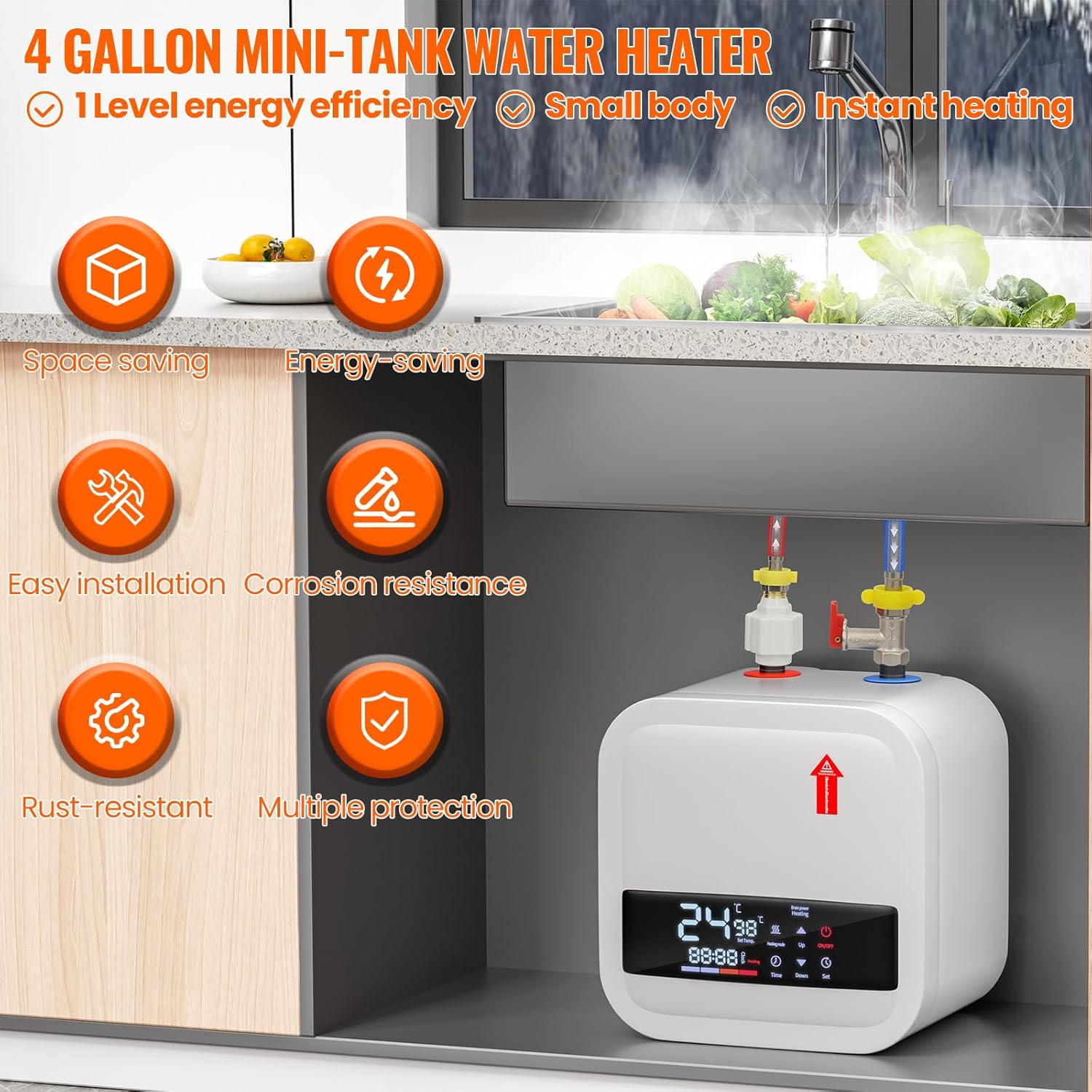 Electric Mini Tank Water Heater,4 Gallon Instant Hot Water Heater,1500W 110V,Small Hot Water Heater,with Digital Display for RV Kitchen Bathroom1
