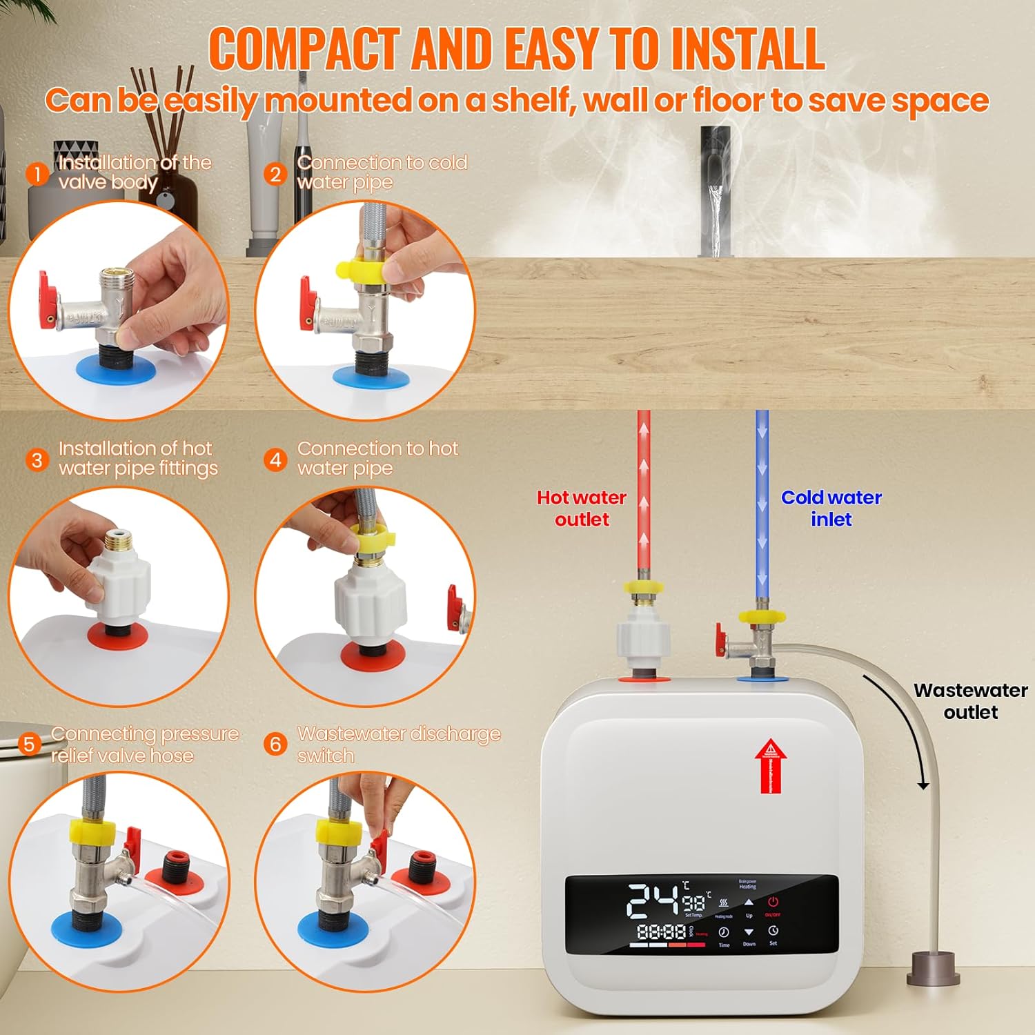 Electric Mini Tank Water Heater,4 Gallon Instant Hot Water Heater,1500W 110V,Small Hot Water Heater,with Digital Display for RV Kitchen Bathroom8