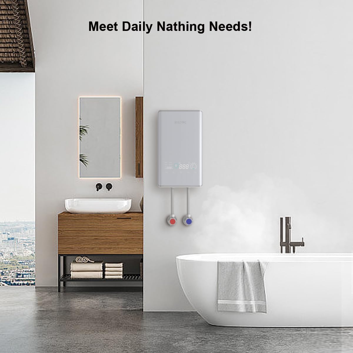 Electric Tankless Water Heater, 12KW, 240V Endless Automatic Regulation of Hot Water On Demand, Memory Function to Save Energy, Small, Can Be Installed Anywhere, Suitable for 2 Showers2