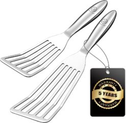 Fish Spatula Stainless Steel Combo, 1 Large Fish Turner Spatula + 1 Small Griddle Spatula, Metal Spatula for Kitchen Use, Slotted Spatulas, Frying Spatula with Thin Edge Ideal for Turning & Flipping