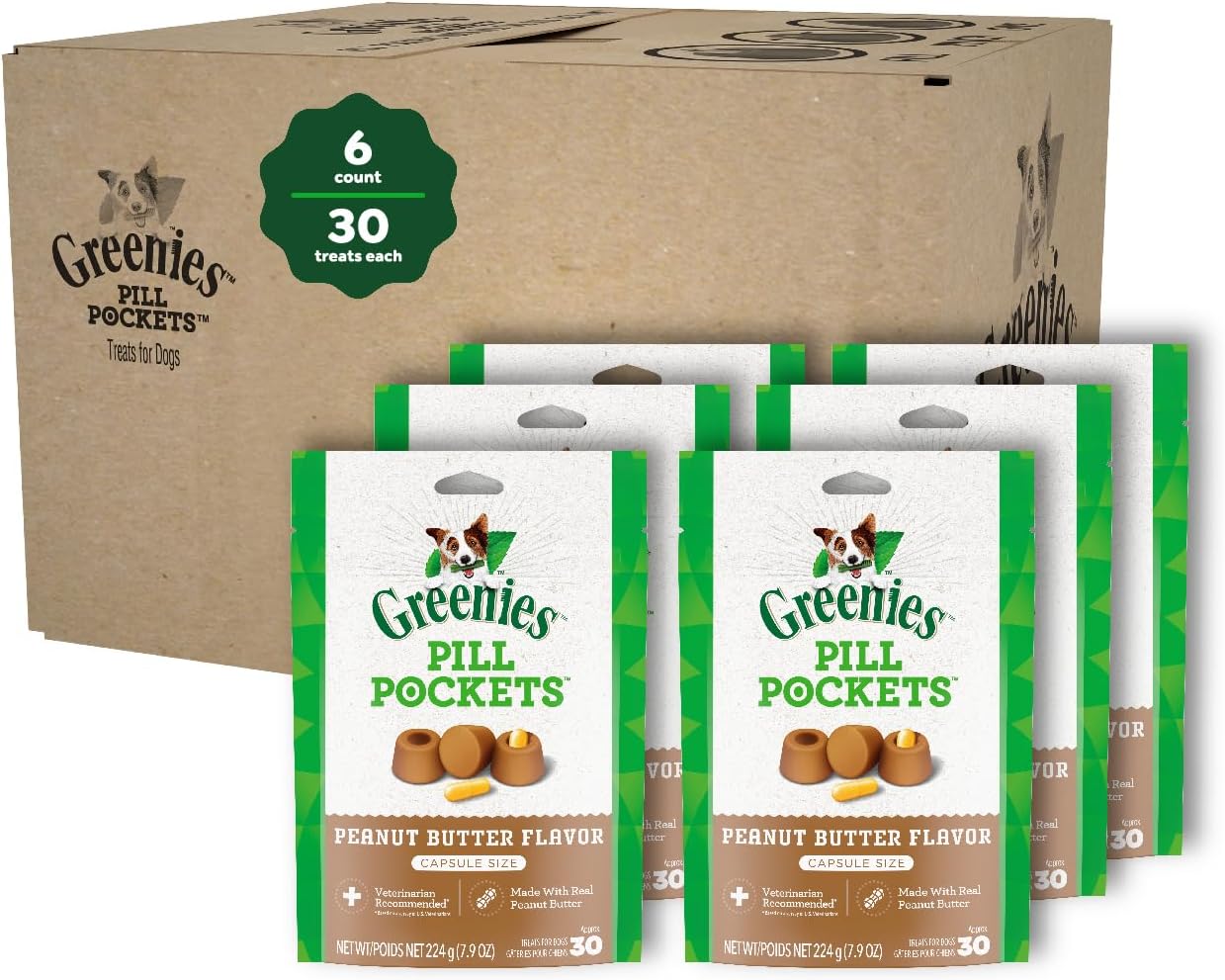 Greenies Pill Pockets for Dogs Capsule Size Natural Soft Dog Treats with Real Peanut Butter, (6) 7.9 oz. Packs (180 Treats) Greenies Pill Pockets for Dogs Capsule Size Natural Soft Dog Treats with Real Peanut Butter, (6) 7.9 oz. Packs (180 Treats)