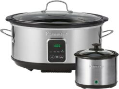 Kenmore 7 Quart Slow Cooker Programmable Kitchen Appliance Dipper Sauce-Warmer Stainless Steel Digital Display One-Touch Controls Braise Simmer Sous Vide Stew Soup Chili Curry Black and Silver