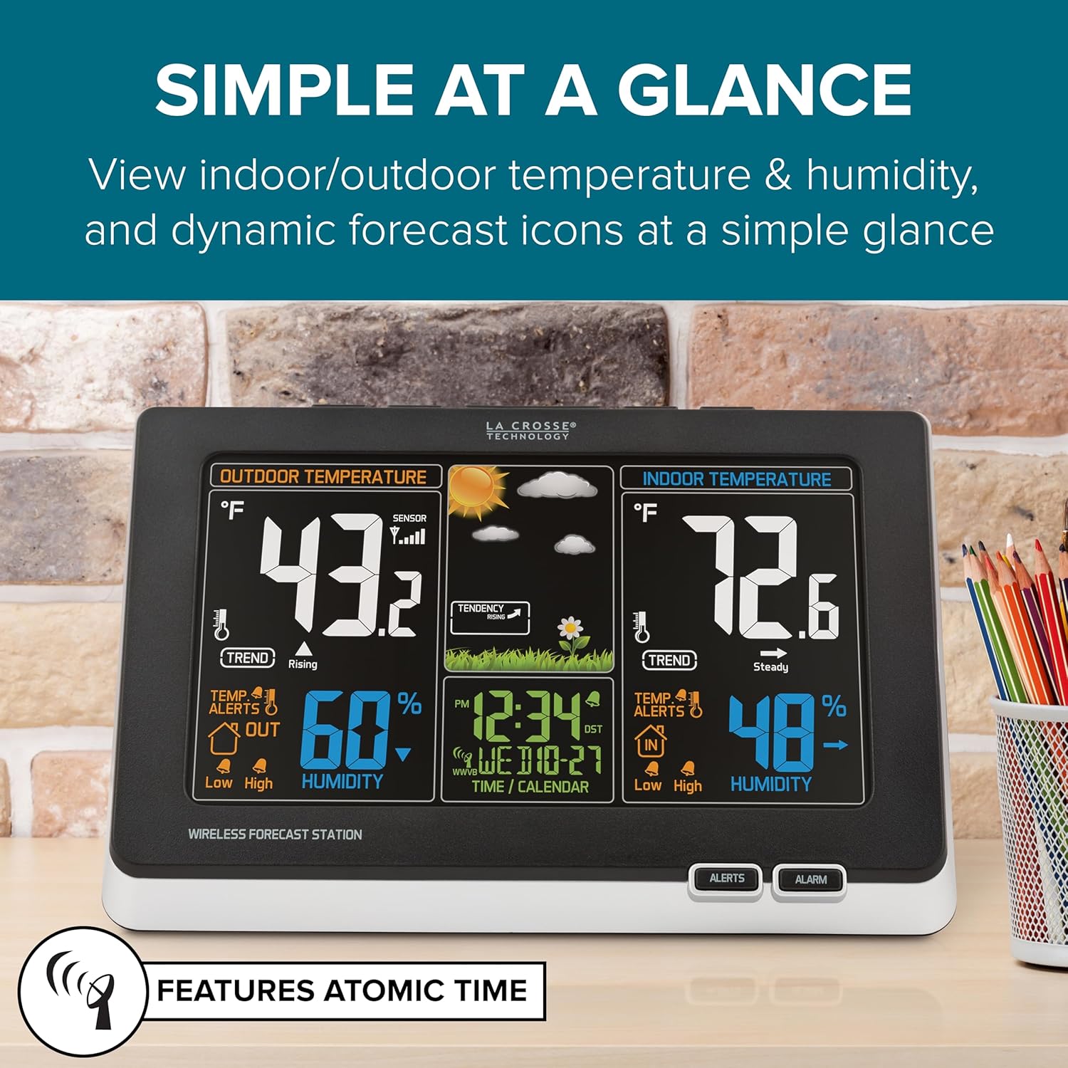 La Crosse Technology Advanced Weather Station with Full-Color LCD & Atomic Time - Monitor Indoor Outdoor Conditions with Temperature Alerts and Humidity Readings with Transmission Range of 300 Feet9