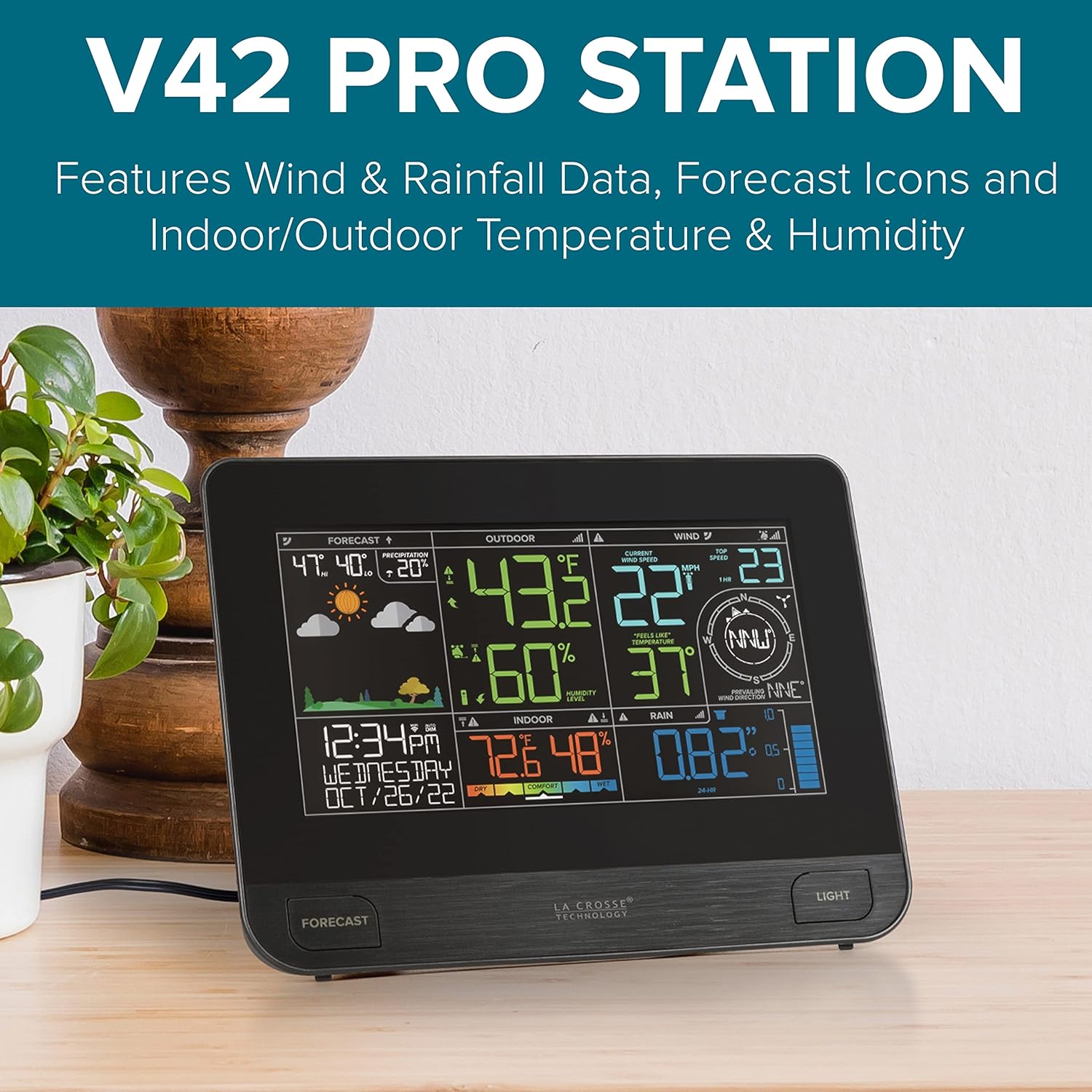 La Crosse Technology Professional Smart Wi-Fi Weather Station with Remote Monitoring (400 Foot Range), Wind and Rain Gauges, Temperature and Humidity Sensors, and Forecasting - V42-PRO-INT1
