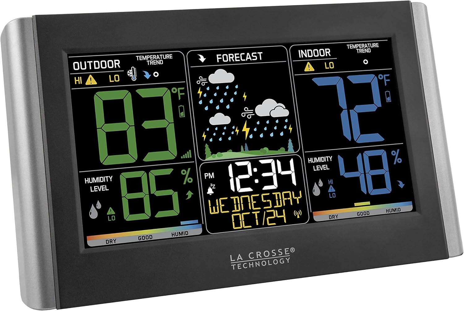 La Crosse Technology Weather Station with Customizable Alerts, Weather Forecast, Temperature, Dew Point, Humidity, Time, Heat Index, Large Display, Adjustable Brightness, Wireless, Black, C85845-INT1