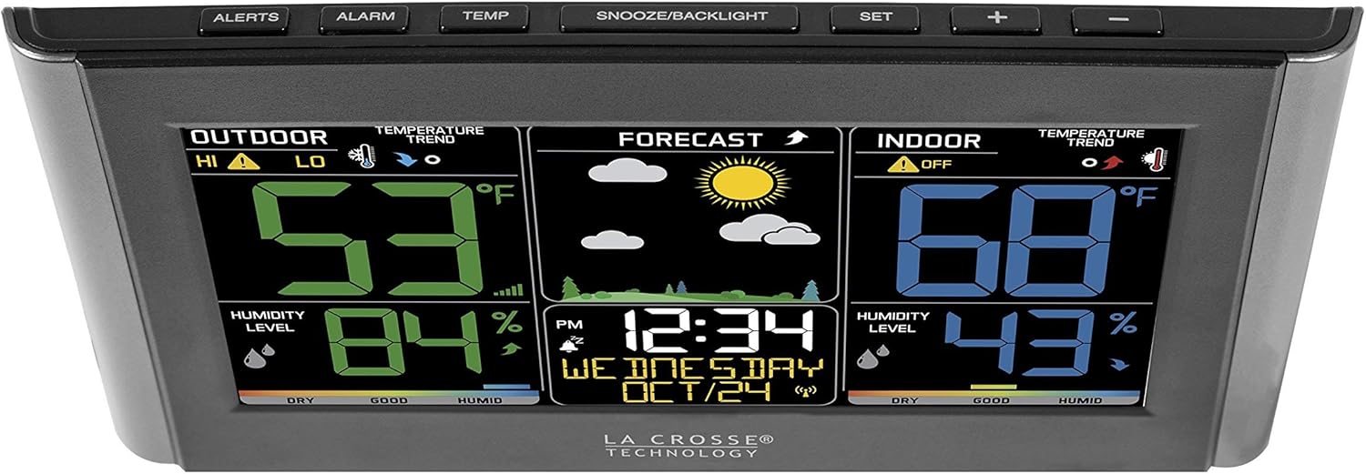La Crosse Technology Weather Station with Customizable Alerts, Weather Forecast, Temperature, Dew Point, Humidity, Time, Heat Index, Large Display, Adjustable Brightness, Wireless, Black, C85845-INT2