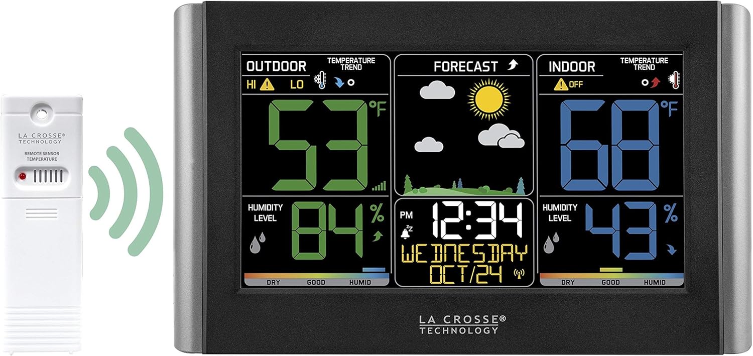 La Crosse Technology Weather Station with Customizable Alerts, Weather Forecast, Temperature, Dew Point, Humidity, Time, Heat Index, Large Display, Adjustable Brightness, Wireless, Black, C85845-INT5