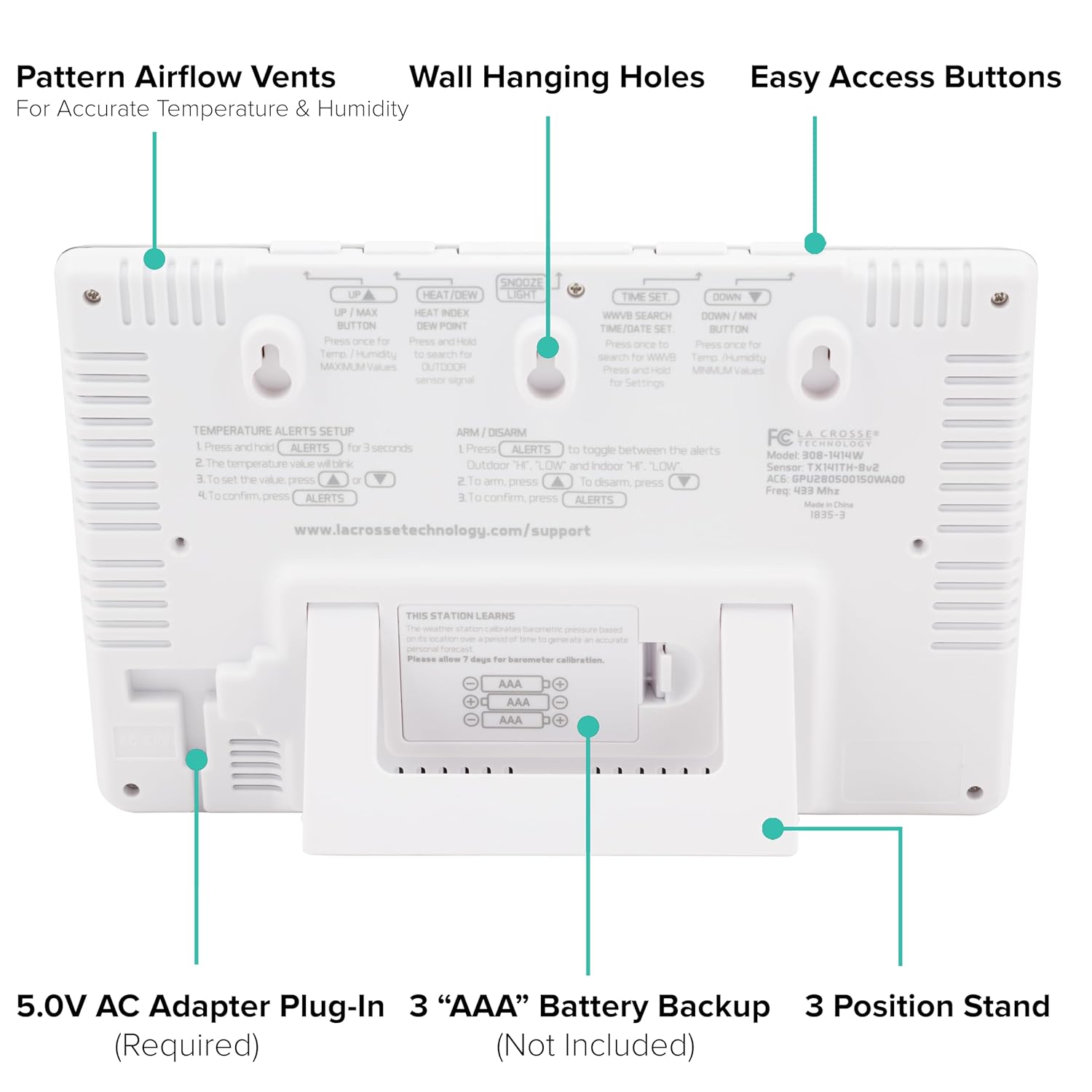 La Crosse Technology Wireless Atomic Digital Color Forecast Station with Alerts, White (308-1414W)7