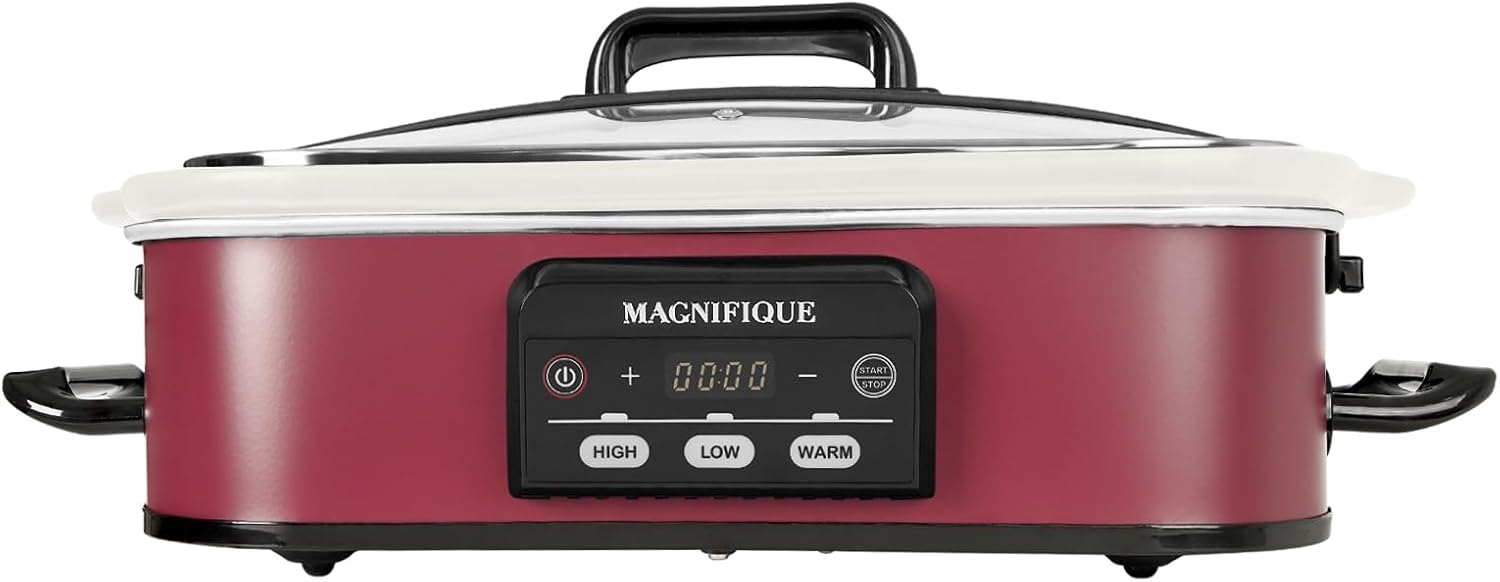MAGNIFIQUE Small 4 Quart Casserole Programmable Slow Cooker with Ceramic Baking Dish - Perfect Kitchen Small Appliance for Family Dinners, Oven Safe and Durable Bakeware for Lasagna, Roasts (Red) MAGNIFIQUE Small 4 Quart Casserole Programmable Slow Cooker with Ceramic Baking Dish - Perfect Kitchen Small Appliance for Family Dinners, Oven Safe and Durable Bakeware for Lasagna, Roasts (Red)