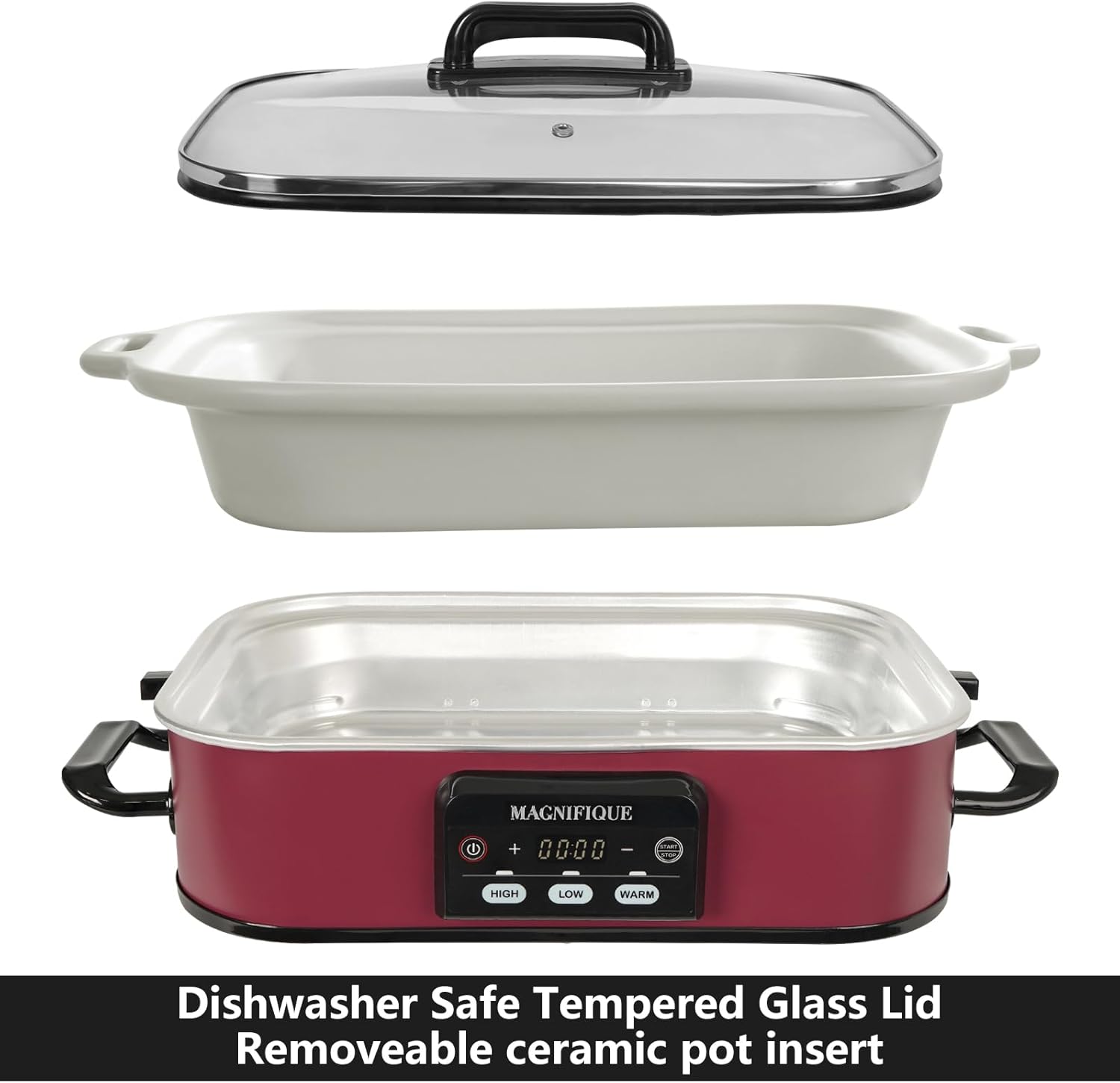 MAGNIFIQUE Small 4 Quart Casserole Programmable Slow Cooker with Ceramic Baking Dish - Perfect Kitchen Small Appliance for Family Dinners, Oven Safe and Durable Bakeware for Lasagna, Roasts (Red)0