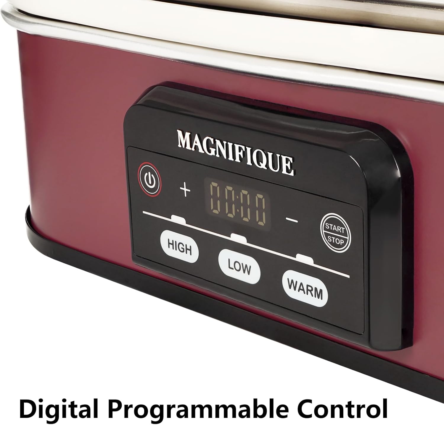 MAGNIFIQUE Small 4 Quart Casserole Programmable Slow Cooker with Ceramic Baking Dish - Perfect Kitchen Small Appliance for Family Dinners, Oven Safe and Durable Bakeware for Lasagna, Roasts (Red)1