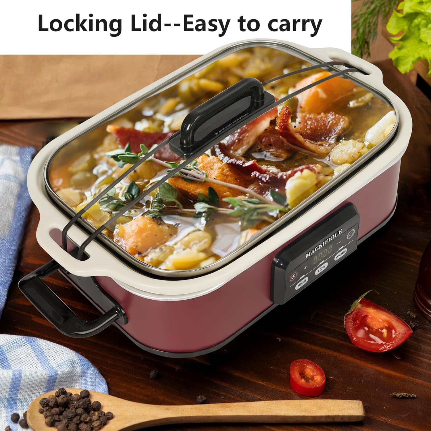 MAGNIFIQUE Small 4 Quart Casserole Programmable Slow Cooker with Ceramic Baking Dish - Perfect Kitchen Small Appliance for Family Dinners, Oven Safe and Durable Bakeware for Lasagna, Roasts (Red)3