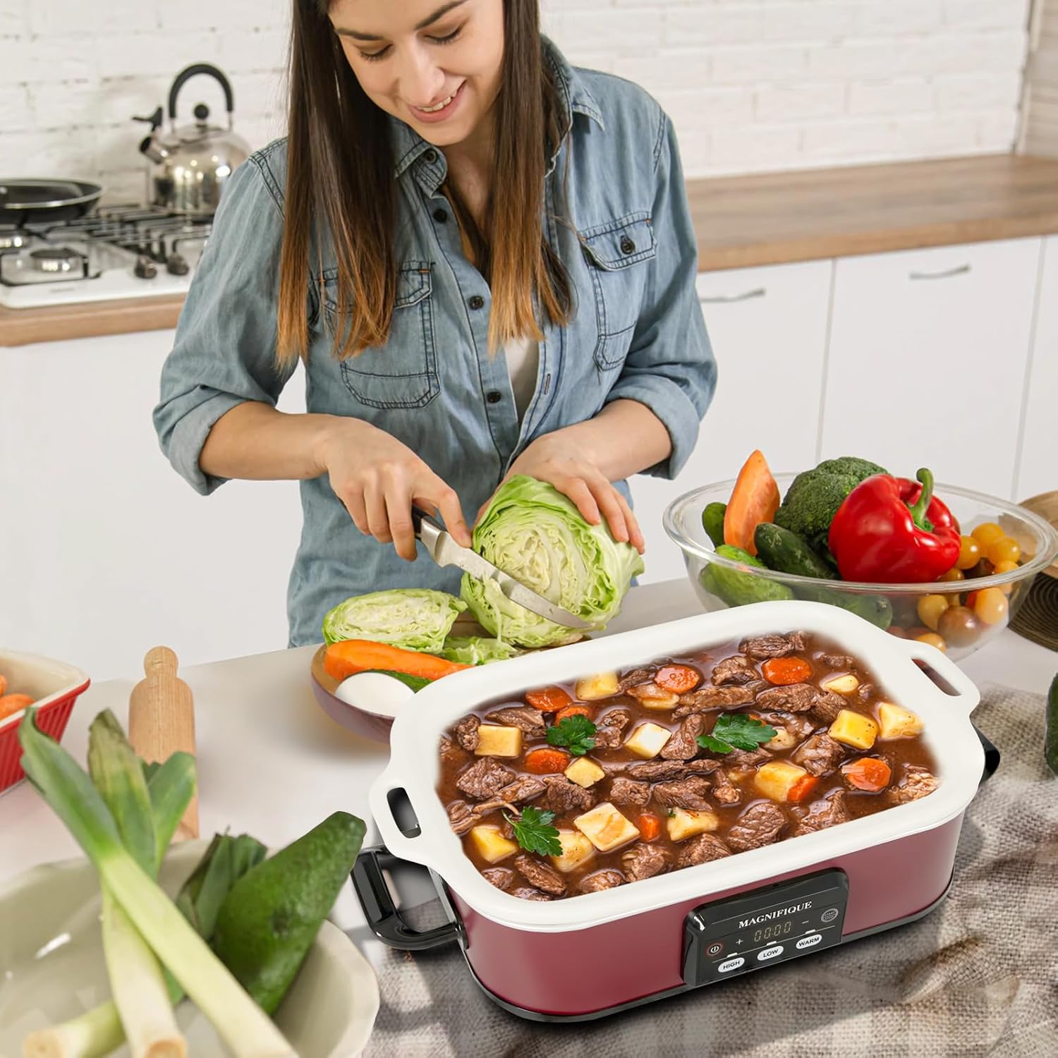 MAGNIFIQUE Small 4 Quart Casserole Programmable Slow Cooker with Ceramic Baking Dish - Perfect Kitchen Small Appliance for Family Dinners, Oven Safe and Durable Bakeware for Lasagna, Roasts (Red)5