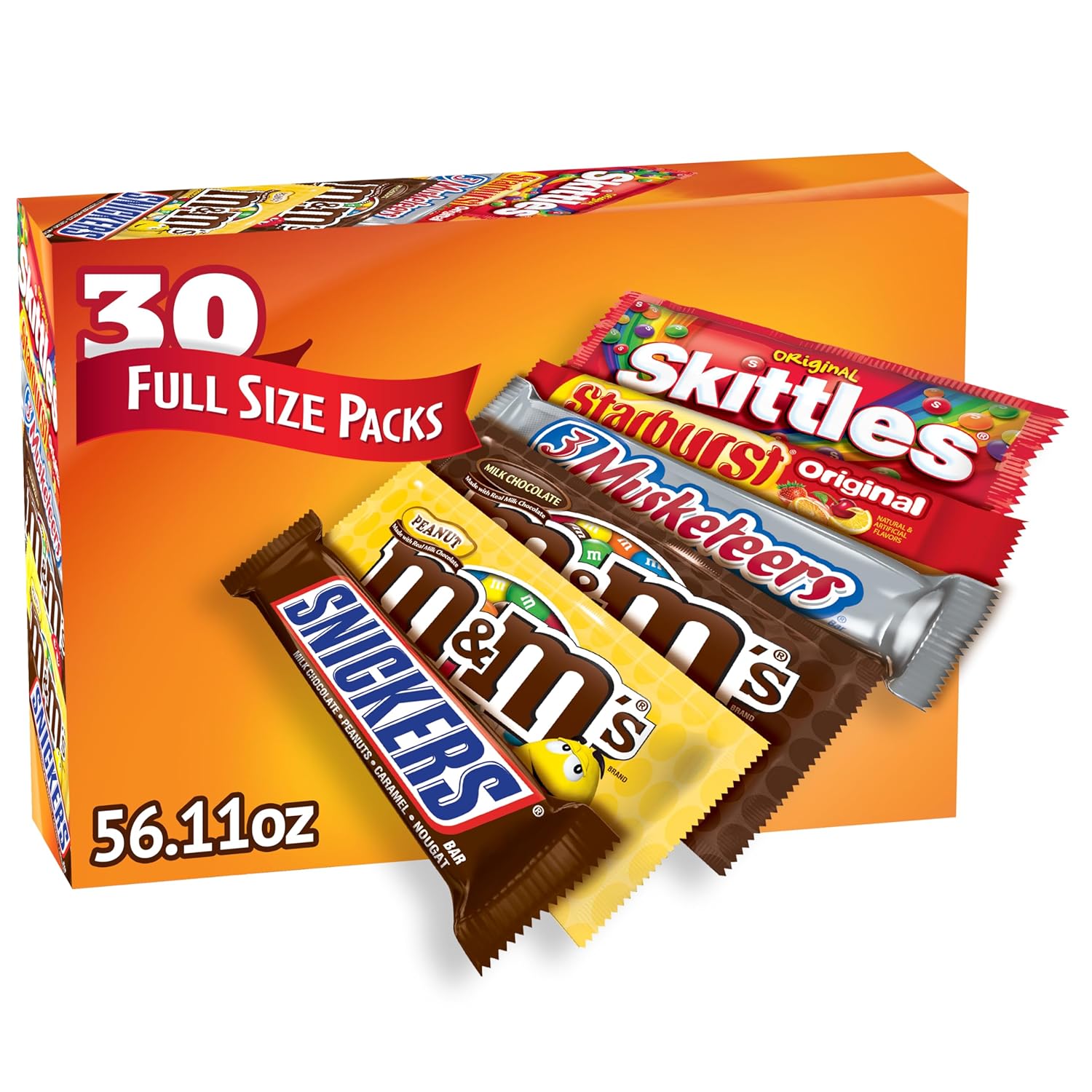 M&M'S, SNICKERS, 3 MUSKETEERS, SKITTLES & STARBURST Variety Pack Full Size Bulk Candy Assortment, 56.11 oz, 30 Count M&M'S, SNICKERS, 3 MUSKETEERS, SKITTLES & STARBURST Variety Pack Full Size Bulk Candy Assortment, 56.11 oz, 30 Count