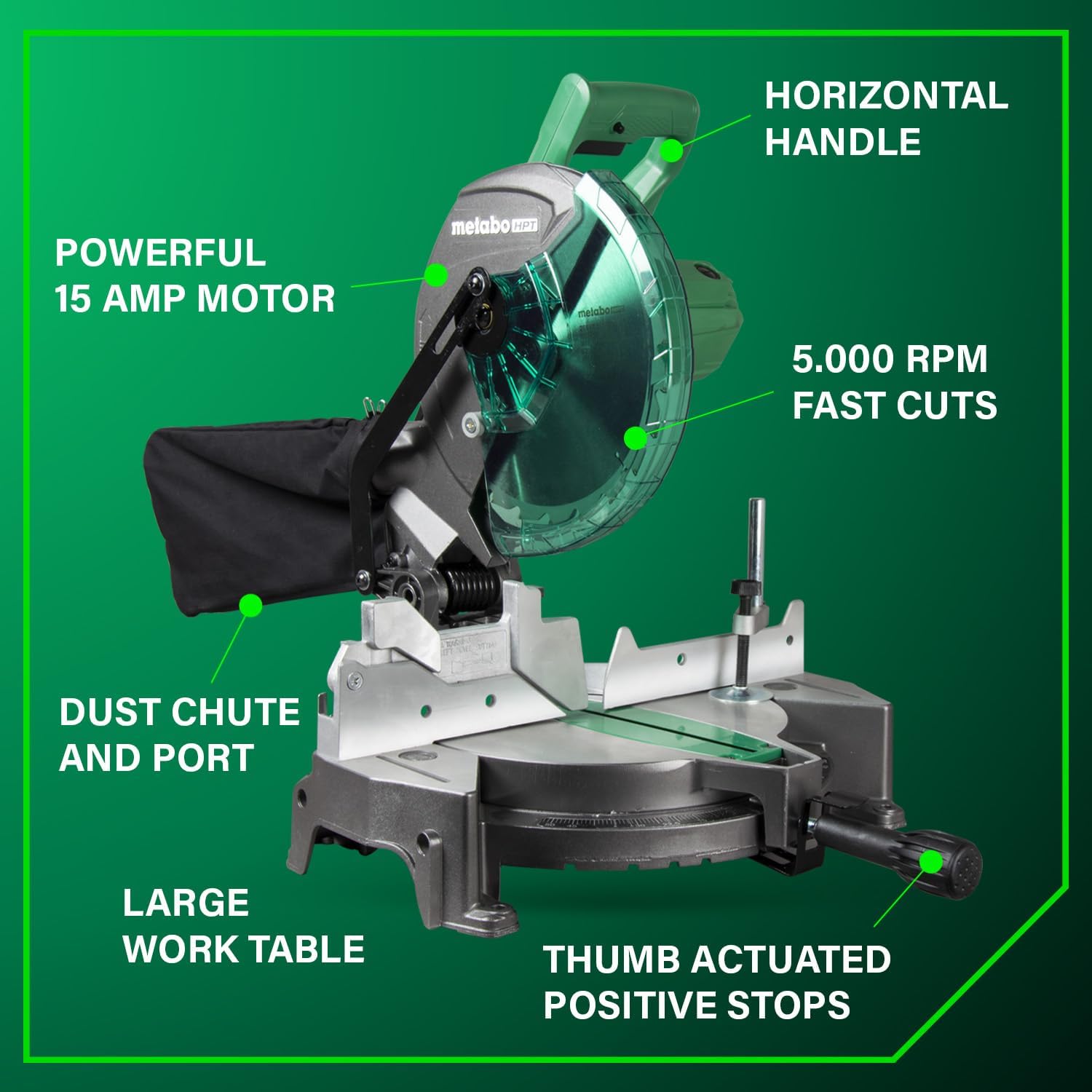 Metabo HPT 10-Inch Compound Miter Saw, 15-Amp Power Saw with Large 10-Inch Table, Precision Miter Angles, Single Bevel 0-45°, 24T TCT Blade, Positive Stops, Lightweight Design, C10FCGS3