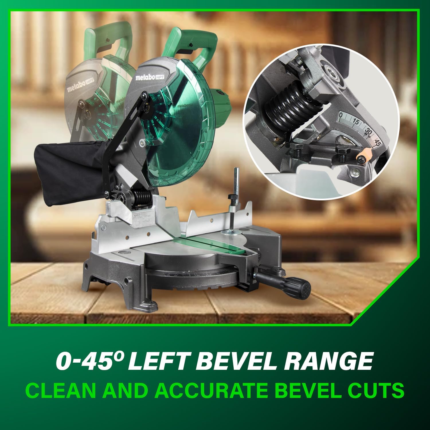 Metabo HPT 10-Inch Compound Miter Saw, 15-Amp Power Saw with Large 10-Inch Table, Precision Miter Angles, Single Bevel 0-45°, 24T TCT Blade, Positive Stops, Lightweight Design, C10FCGS5