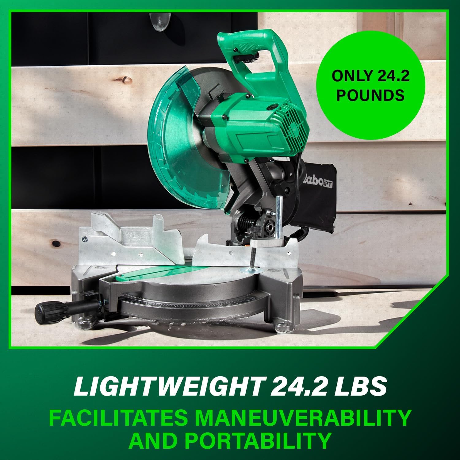 Metabo HPT 10-Inch Compound Miter Saw, 15-Amp Power Saw with Large 10-Inch Table, Precision Miter Angles, Single Bevel 0-45°, 24T TCT Blade, Positive Stops, Lightweight Design, C10FCGS9