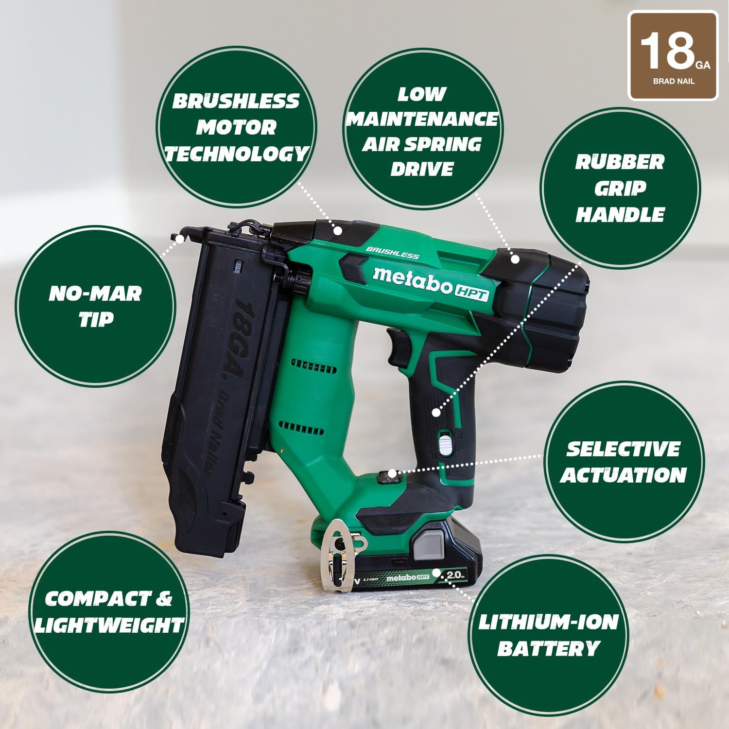 Metabo HPT 18V MultiVolt Brushless Compact Cordless Brad Nailer Kit, 18 Gauge Cordless Nailer with 2.0Ah Lithium Ion Battery, Drives 5 8 to 2 Brad Nails, Lifetime Warranty NT1850DFT1