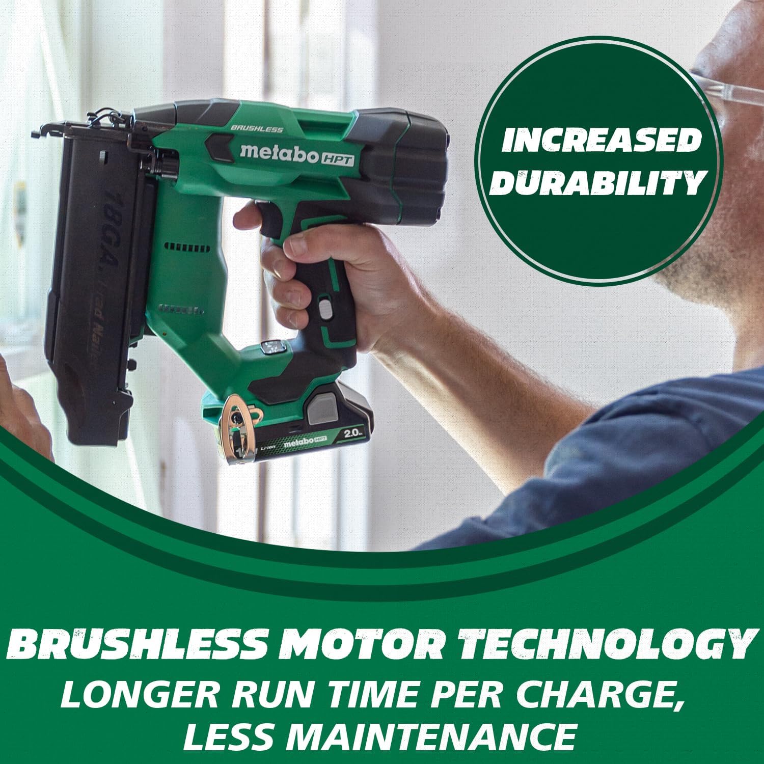 Metabo HPT 18V MultiVolt Brushless Compact Cordless Brad Nailer Kit, 18 Gauge Cordless Nailer with 2.0Ah Lithium Ion Battery, Drives 5 8 to 2 Brad Nails, Lifetime Warranty NT1850DFT13
