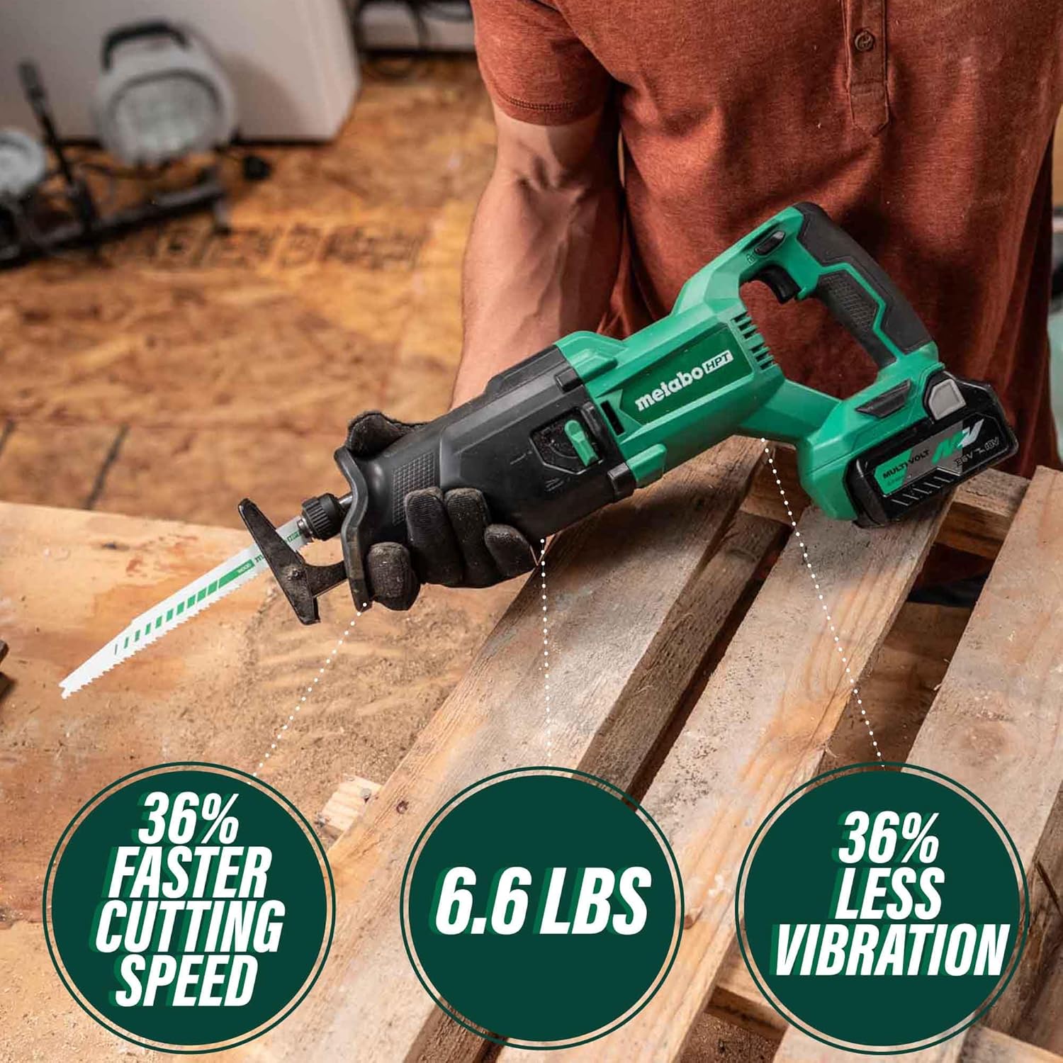 Metabo HPT 18V MultiVolt™ Cordless Reciprocating Saw Tool Only - No Battery Counter-balance Housing Reduces Vibration Orbital Mode CR18DBQ41