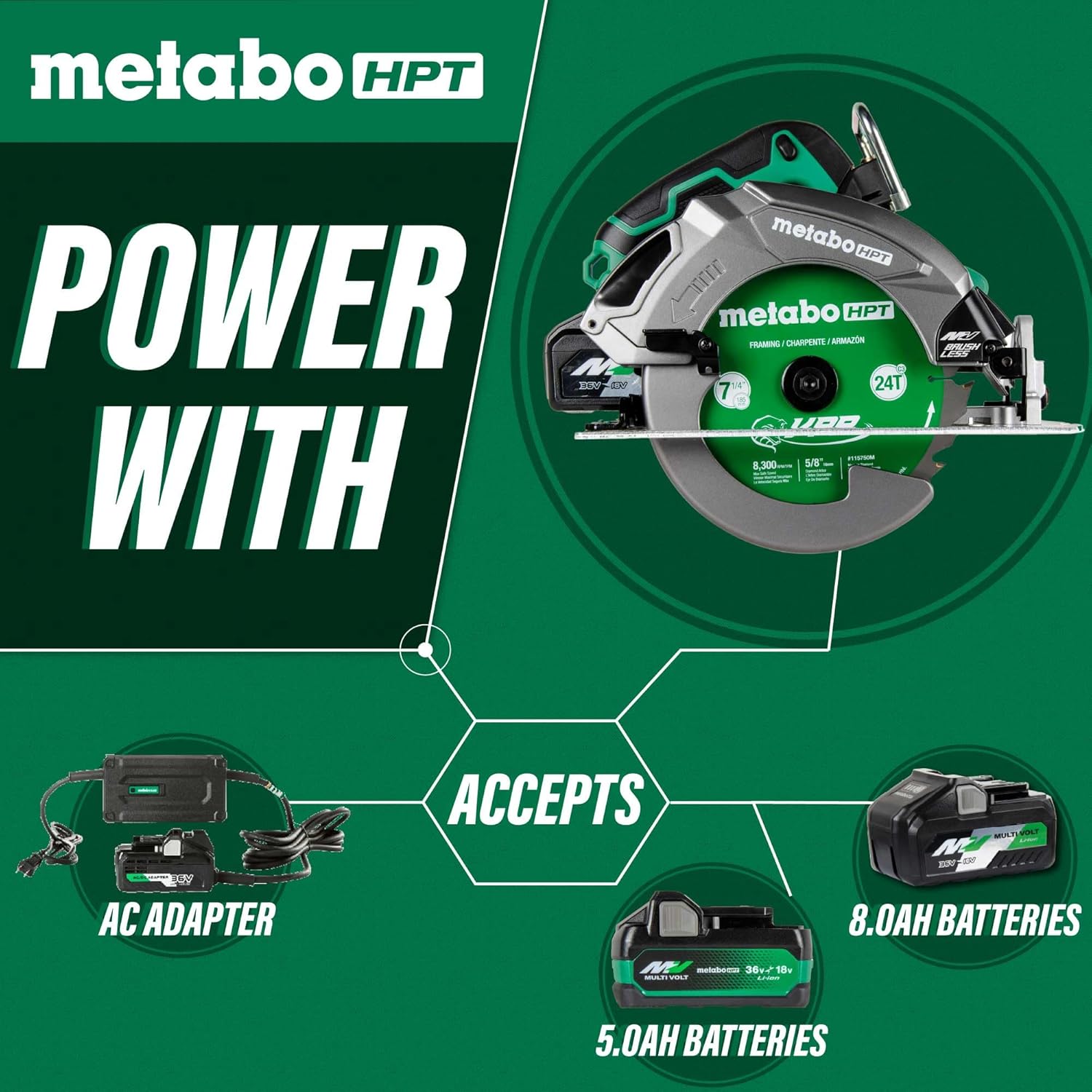 Metabo HPT 36V MultiVolt™ Circular Saw, 7-1 4-Inch, Torque Boost Technology, Tool Body Only, Optional AC Adapter Available, C3607DBQ42
