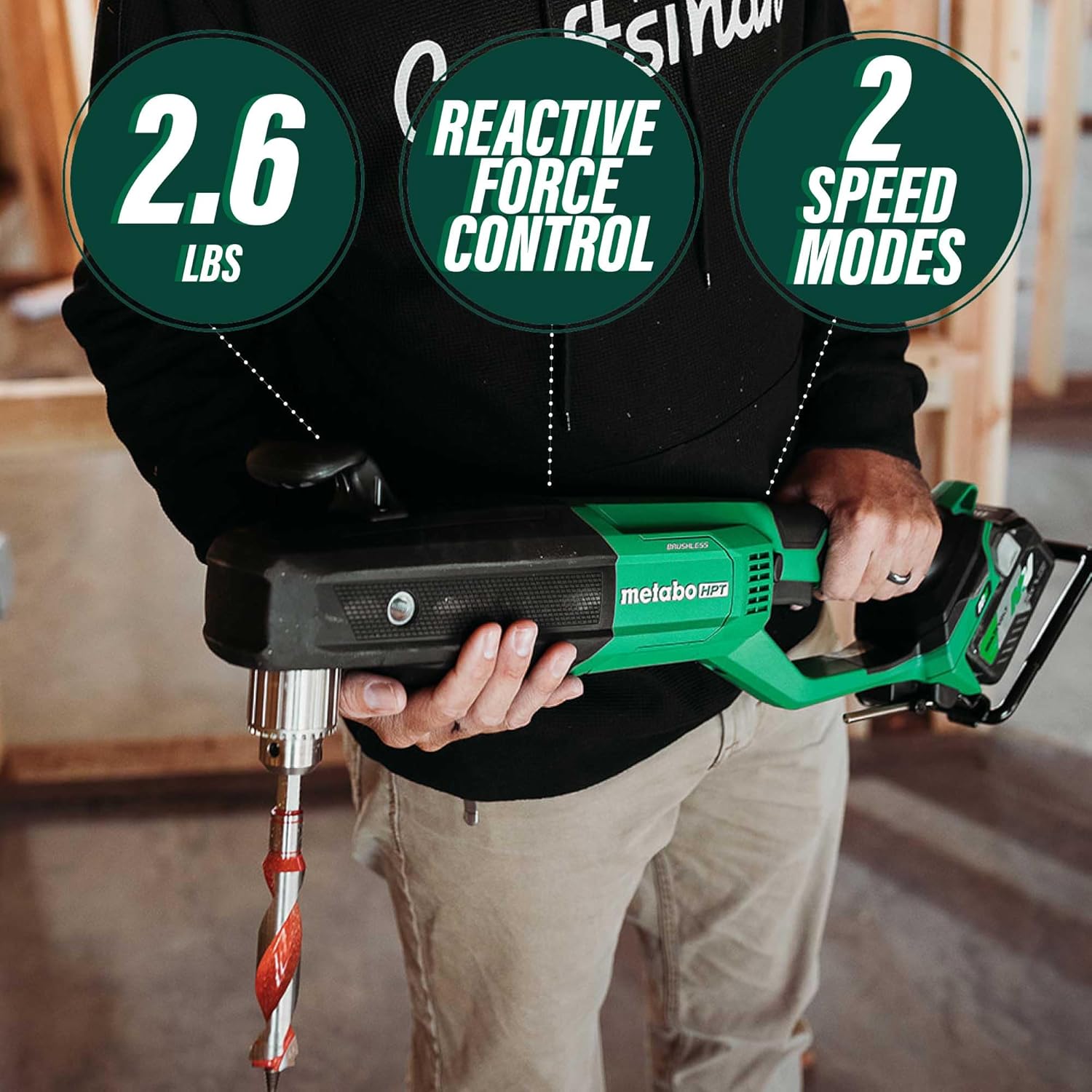 Metabo HPT 36V MultiVolt™ Cordless Right Angle Drill Kit Tool Only - No Battery Reactive Force Control Lifetime Tool Warranty D36DYAQ41