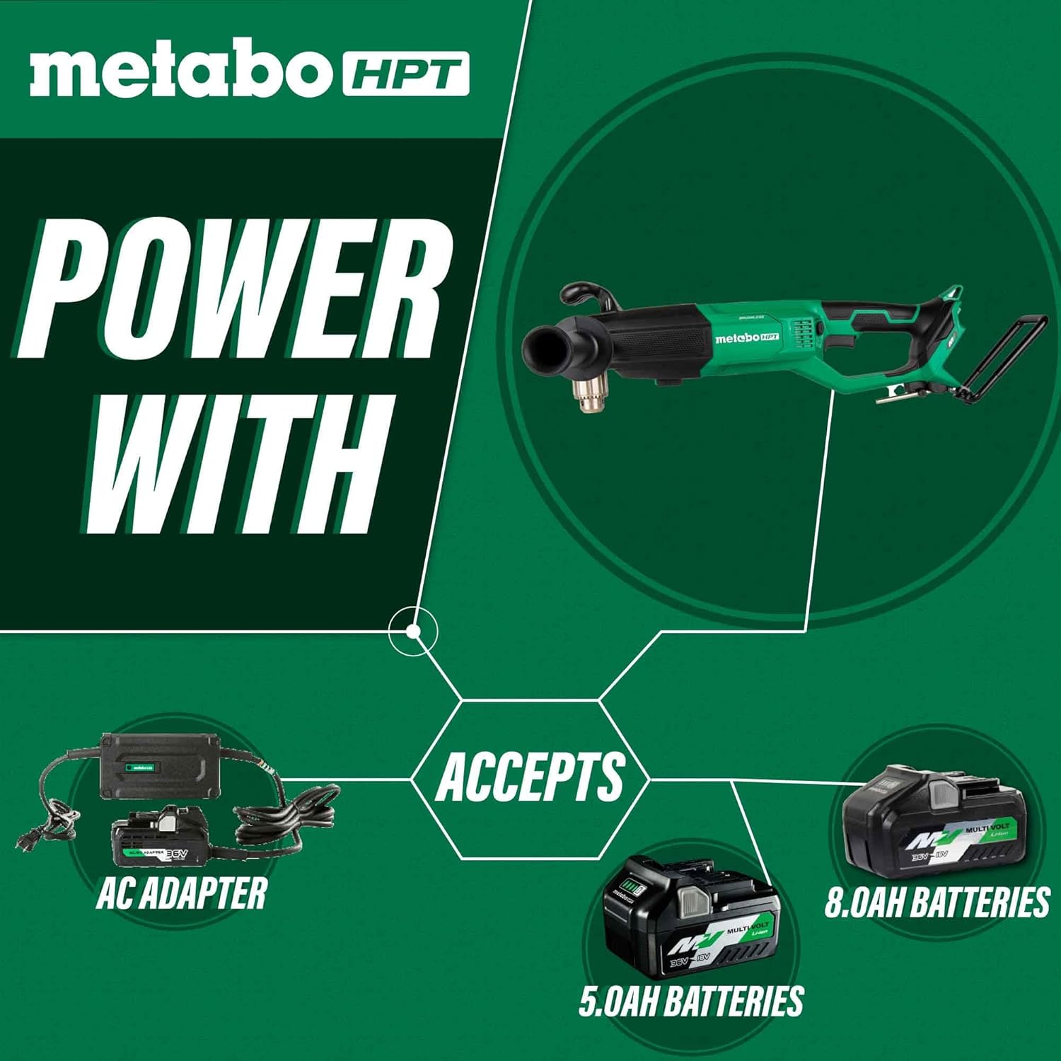 Metabo HPT 36V MultiVolt™ Cordless Right Angle Drill Kit Tool Only - No Battery Reactive Force Control Lifetime Tool Warranty D36DYAQ44
