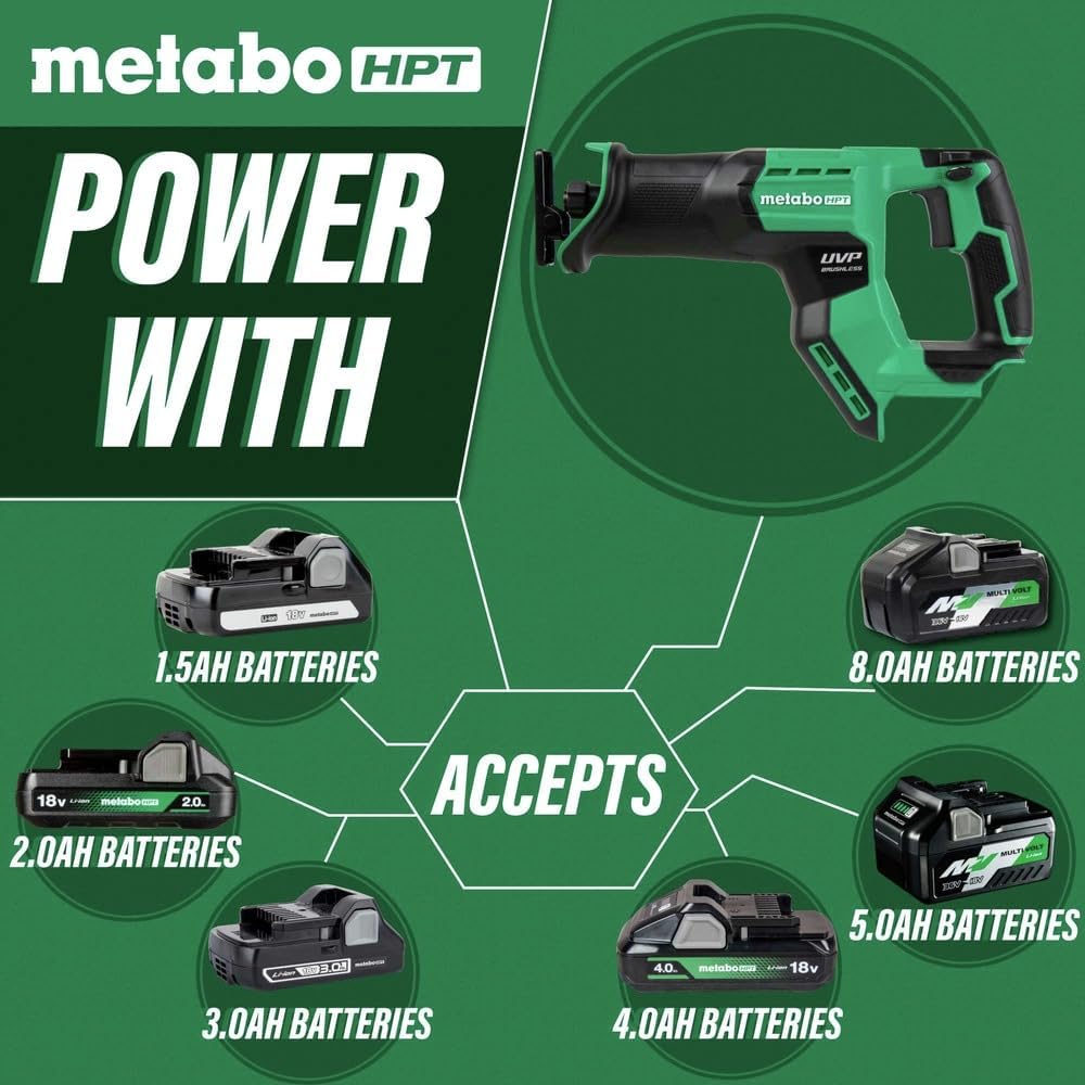 Metabo HPT Cordless 18V MultiVolt™ Compact Reciprocating Saw Tool Only - No Battery 4 Speed Modes User Vibration Protection Lifetime Tool Warranty CR18DMAQ421