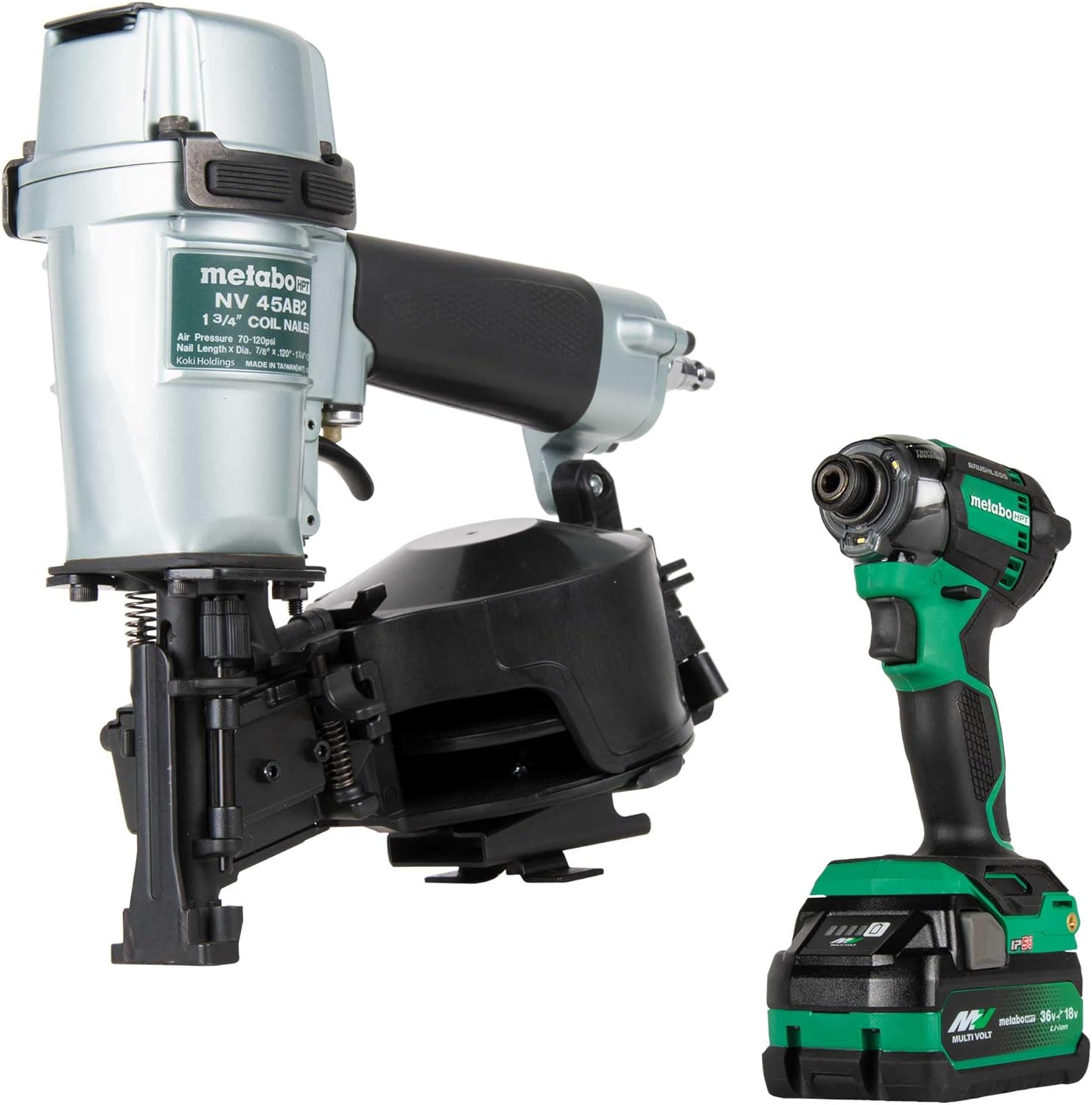 Metabo HPT Pneumatic Roofing Nailer + 18V Impact Driver Pro Bundle Kit, 1-3 4-Inch Coil Roofing Nailer with BONUS 18V Triple Hammer Impact Driver Kit, KNV45AB2 Metabo HPT Pneumatic Roofing Nailer + 18V Impact Driver Pro Bundle Kit, 1-3/4-Inch Coil Roofing Nailer with BONUS 18V Triple Hammer Impact Driver Kit, KNV45AB2