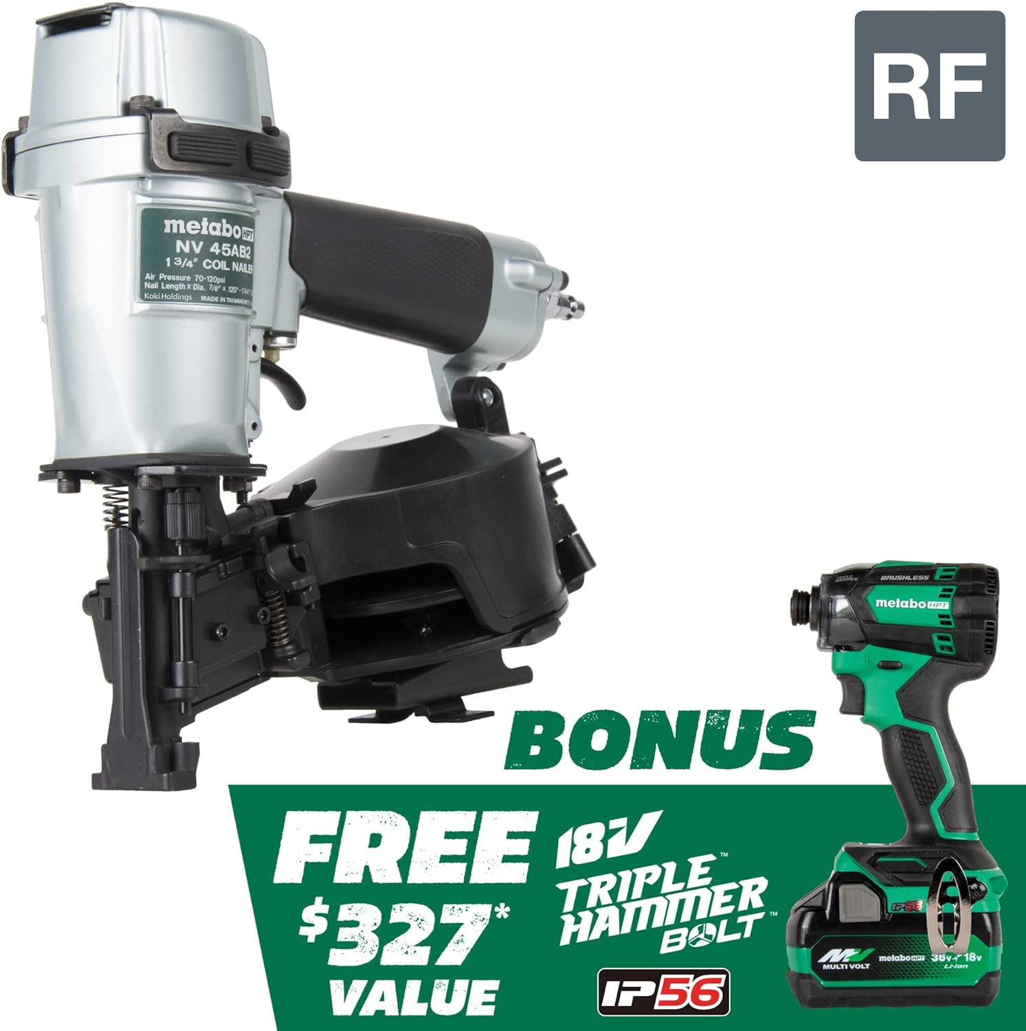 Metabo HPT Pneumatic Roofing Nailer + 18V Impact Driver Pro Bundle Kit, 1-3 4-Inch Coil Roofing Nailer with BONUS 18V Triple Hammer Impact Driver Kit, KNV45AB212