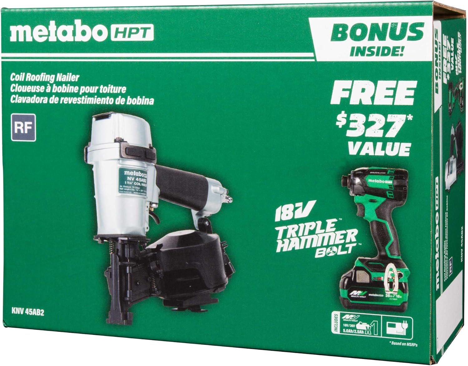 Metabo HPT Pneumatic Roofing Nailer + 18V Impact Driver Pro Bundle Kit, 1-3 4-Inch Coil Roofing Nailer with BONUS 18V Triple Hammer Impact Driver Kit, KNV45AB22