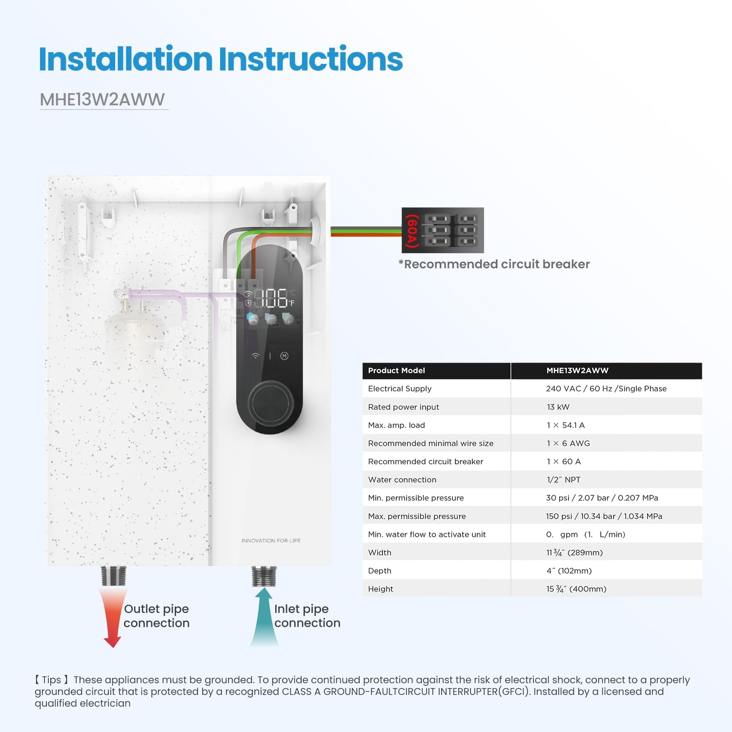 Midea 13KW Electric Tankless Water Heater, Touch Control, Wi-Fi Control, LED Display, Child Mode, 240 Volts with Automatic Power Modulation, On-demand Hot Water, White1