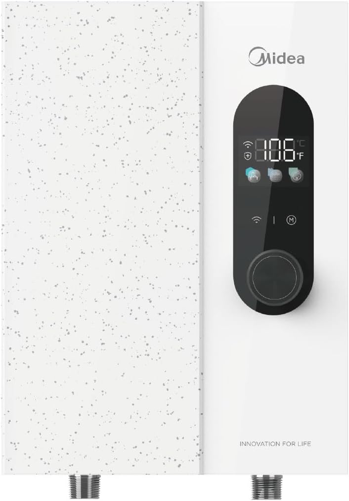 Midea 18KW Electric Tankless Water Heater, Touch Control, Wi-Fi Control, LED Display, Child Mode, 240 Volts with Automatic Power Modulation, On-demand Hot Water, White Midea 18KW Electric Tankless Water Heater, Touch Control, Wi-Fi Control, LED Display, Child Mode, 240 Volts with Automatic Power Modulation, On-demand Hot Water, White