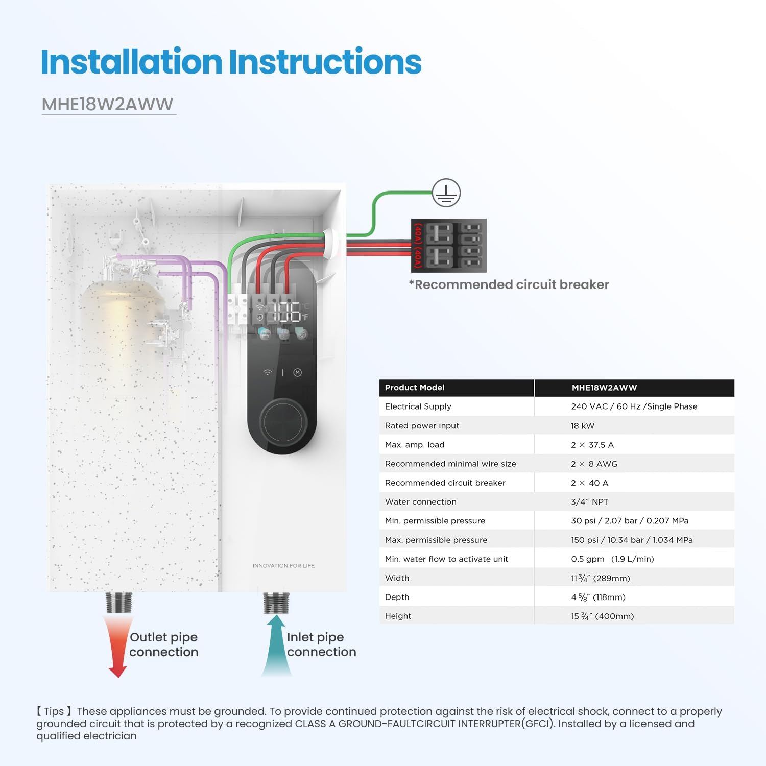 Midea 18KW Electric Tankless Water Heater, Touch Control, Wi-Fi Control, LED Display, Child Mode, 240 Volts with Automatic Power Modulation, On-demand Hot Water, White2