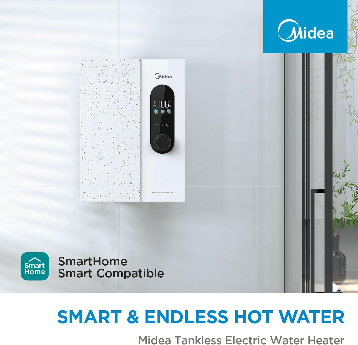 Midea 18KW Electric Tankless Water Heater, Touch Control, Wi-Fi Control, LED Display, Child Mode, 240 Volts with Automatic Power Modulation, On-demand Hot Water, White3