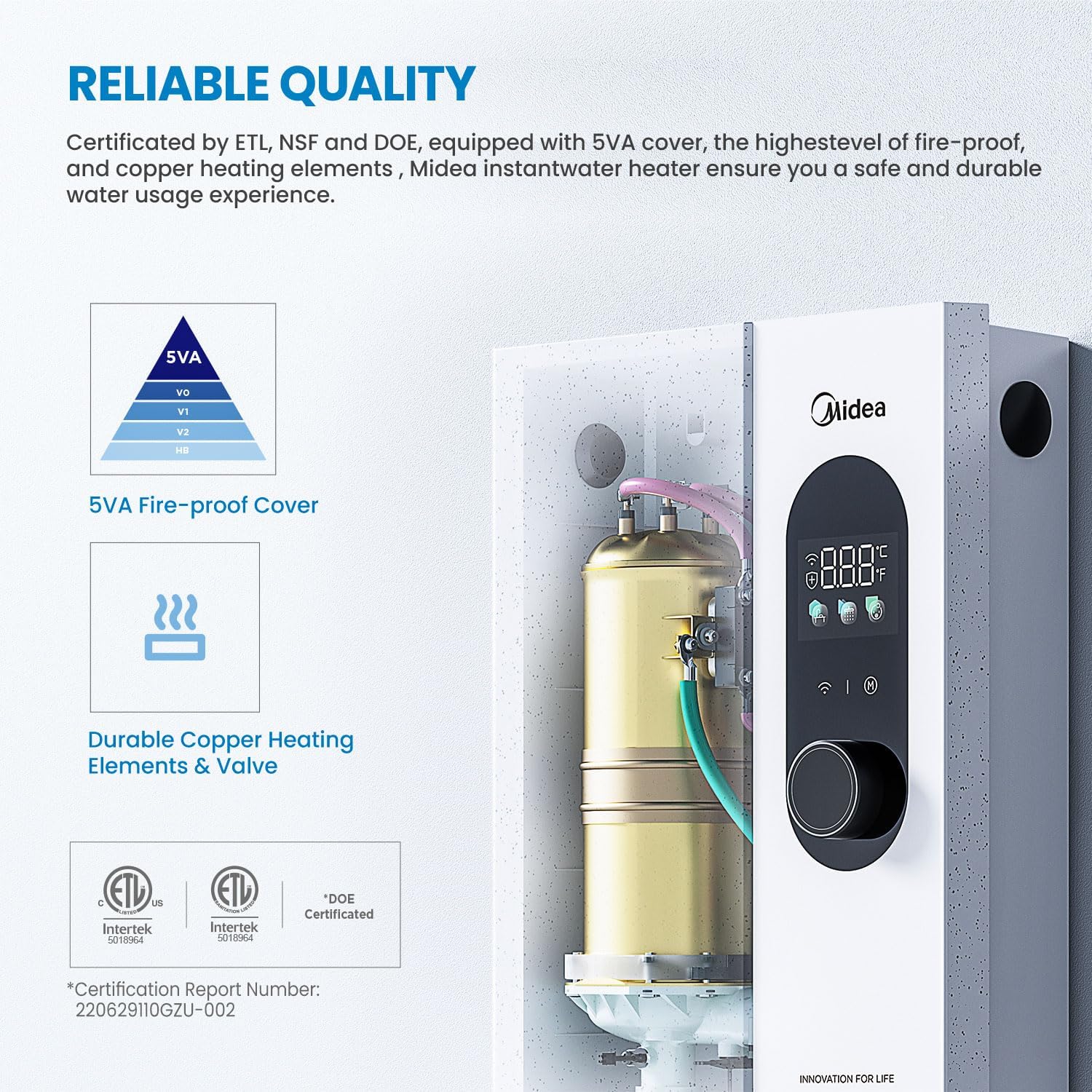 Midea 18KW Electric Tankless Water Heater, Touch Control, Wi-Fi Control, LED Display, Child Mode, 240 Volts with Automatic Power Modulation, On-demand Hot Water, White5