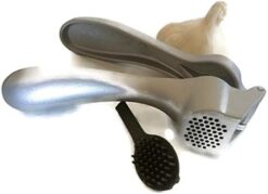 Pampered Chef Garlic Press 2575 - Easy Squeeze, Rust Proof, Ergonomic Handle - Professional Garlic Mincer & Ginger Press with Handy Cleaning Brush