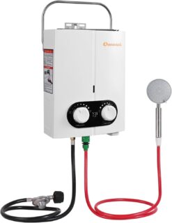 Portable Propane Water Heater Tankless, 1.45GPM 5.5L Instant Hot Water Heater, Outdoor Use for RV, Camper Van, Travel Trailer, Cabin, Pool, Barn, White
