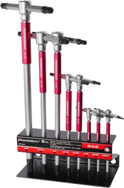 Powerbuilt 8 Pc SAE T-Handle Hex Allen Key Wrench Set w/ Speed Sleeves for Fast Spinning Action, Sliding Top Handle for “T” or “L” Shape, Long Shafts, Storage Rack, Auto, Bicycle, Moto - 941644 , Red
