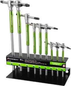 Powerbuilt 9 Pc Torx Star T-Handle Hex Allen Key Wrench Set w/ Speed Sleeves for Fast Spinning Action, Sliding Top Handle for “T” or “L” Shape, Long Shafts, Storage Rack, Auto, Bicycle, Moto - 941646