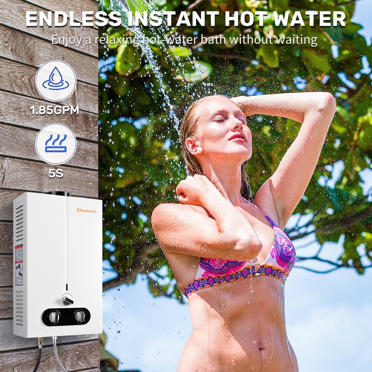 Propane Water Heater Tankless, 1.85GPM 7L Portable Instant Hot Water Heater, Outdoor Use for RV, Camper Van, Camping Trailer, Cabin, Barn, Pool, White1