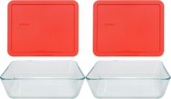 Pyrex 1075451 Stor+rect/Cvr Size Cu Pyrx Storage+Rectangle/Cover, 11 cup Containers (Pack of 2), Red